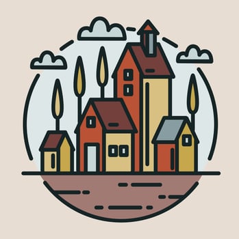 Colored logotype with small village, ranch or organic farm buildings drawn in modern line art style. Circular logo with rural landscape isolated on light background. Creative illustration vector