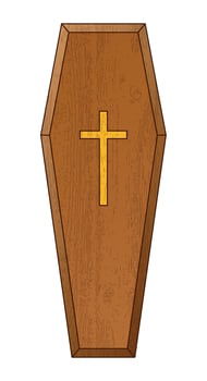 A coffin, color illustration of casket funerary box with cross, isolated on white vector