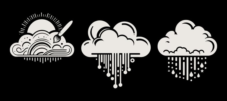 Three different clouds with rain and sun vector