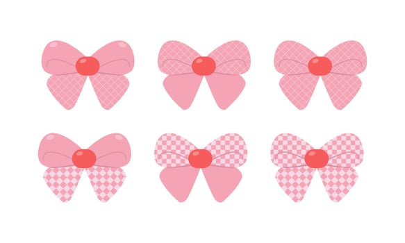 Collection of checkered bows in pink colors. 2000s glamour icon, vintage ribbon symbol, y2k design sticker illustration. vector