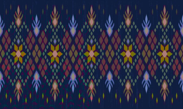 Diamond shape Ikat paisley embroidery on navy blue color background. vector