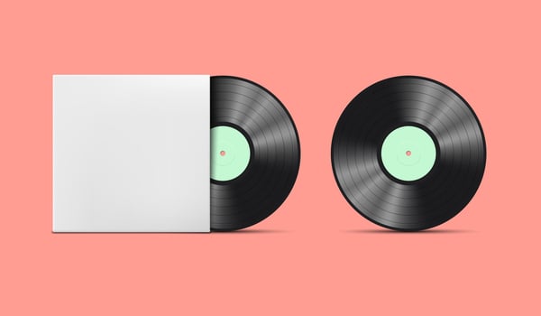 Realistic vintage vinyl records with label and shadows, in box and separately, isolated on white background. vector