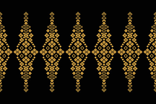 Cross stitch with black background color ethnic pattern motif fabric decor. vector