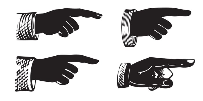 Set of silhouette engravings of pointing fingers. Hands pointing symbols. vector
