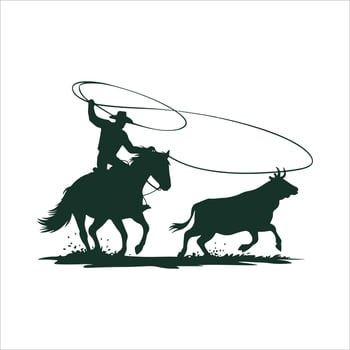 Cowboy Roping Cattle Silhouette on Horseback. vector