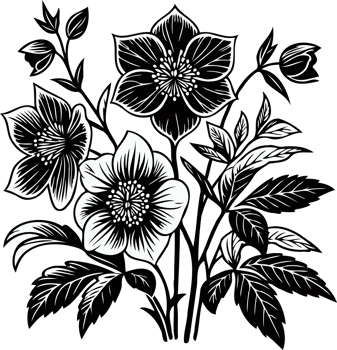 Detailed Anemone and Bud Drawing. Hand Drawn hellebore, buttercup, poppy flower, line art of flowers, floral leaves, black and white illustration drawing, decorative elements of plants png