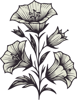 Vintage Bellflower Flower Drawing. Hand Drawn line art of flowers, bluebell leaves, black and white engraving drawing, decorative elements of plants. Botanical Illustration. png