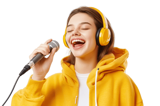 Joyful singing moment as young woman in yellow hoodie enjoys music with headphones png