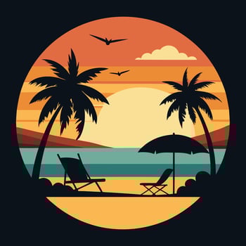 Wooden chaise lounge, palm tree on beach. Umbrella and table with coconut and cocktail. Sea with sun. Sunset in tropical place. vector