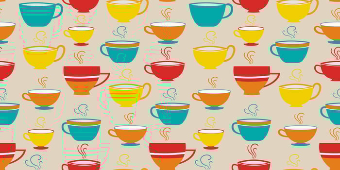 Seamless pattern with red yellow blue painted tea cups coffee background, perfect for fabric, wallpaper, packaging, kitchen decor and digital web design vector