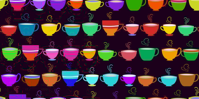 Seamless pattern with multicolored bright coffee tea cups on a purple background for fabric wallpaper, packaging, kitchen decor and digital web design vector