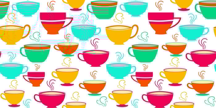 Seamless pattern with colorful tea and coffee cups on a white background, perfect for fabric, wallpaper, packaging, kitchen decor, and digital design vector