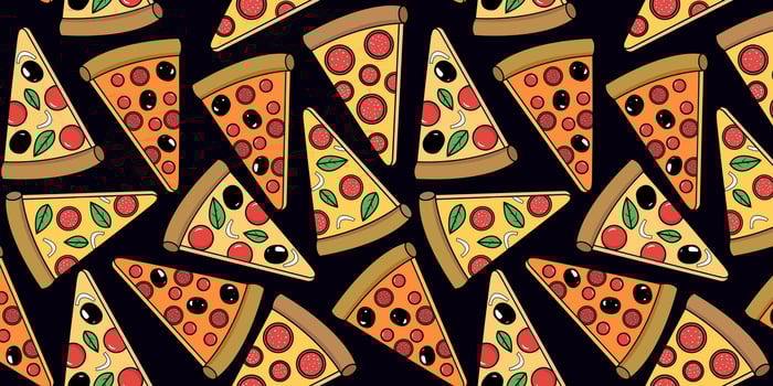 seamless pattern of different pizza slices on a black dark background for web textile or paper design vector