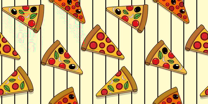 Seamless Pizza Slice Pattern with Pepperoni, Olives, Basil, and Cheese on a Striped Background Fun and Playful Food Themed Digital Illustration web vector