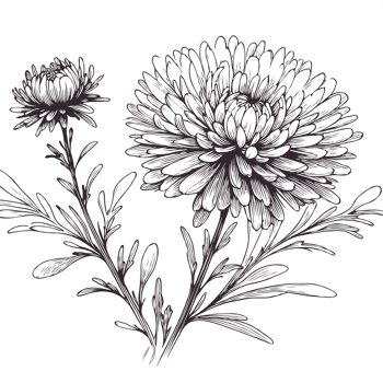 Elegant Chrysanthemum Illustrations. Hand Drawn flowers, line art floral, leaves black and white illustration, Aster, dahlia, flower decorative elements of plants stylized drawing. Botany Collection png