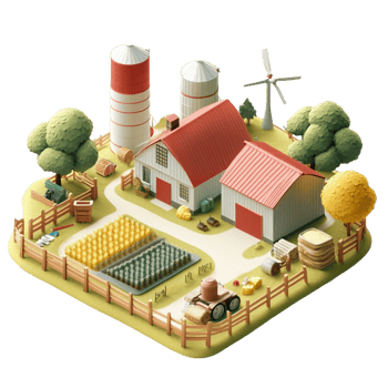 Isometric Countryside with Farmhouse and Windmill png