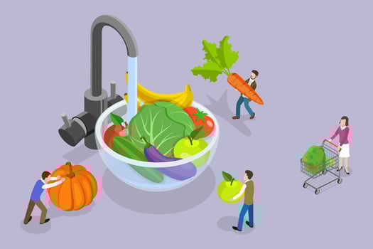 3D Isometric Flat Conceptual Illustration of Food Hygiene, Washing Raw Foods vector