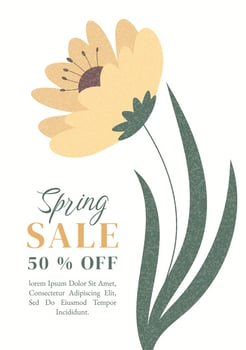 Spring Season Floral Card with Cute Abstract Hand Drawn Flower and Sale Text. Modern Sale Typography. Background for Greeting Card, Invitation, Wedding, Mother Womans Day, 8 March, Birthday, Template vector