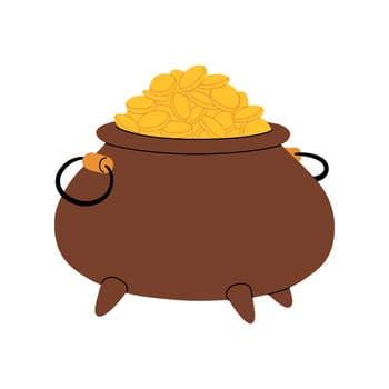 Pot full of golden coins. Cauldron of leprechaun treasure. Sant Patrick theme traditional Irish holiday. Clover luck symbol. Cartoon illustration. vector
