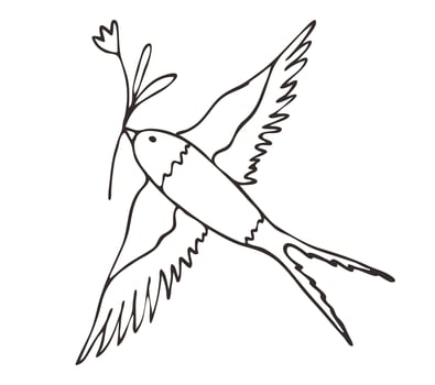 The first spring bird is a swallow in flight with a flower. contour illustration made by hand. The symbol of spring, the icon, the logo. vector
