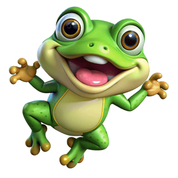 Happy cartoon frog bouncing high on transparent background png
