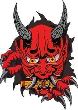Japanese Oni Demon Face Holding Treasure On His Mouth vector