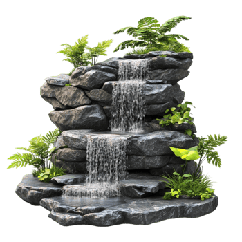 Miniature Waterfall on Rocks with Green Leaves png