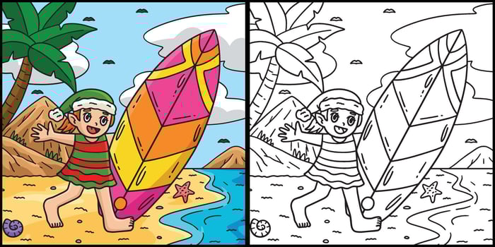 Christmas in July Elf and Surfboard Illustration vector