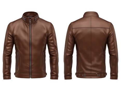 Classic brown leather jacket featuring front and back views png