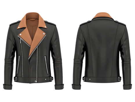 A black leather jacket with a brown collar and zippers png