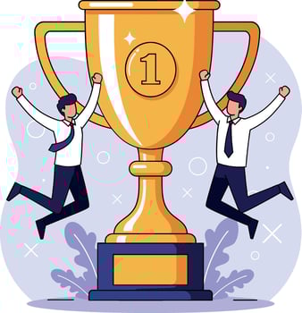 Two jubilant men celebrating victory with a large gold trophy in flat art vector