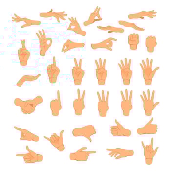 Hands poses. Hand holding and pointing gestures, fingers crossed, fist, peace and thumb up. Cartoon human palms and wrist set. Communication or talking with emoji for messengers vector