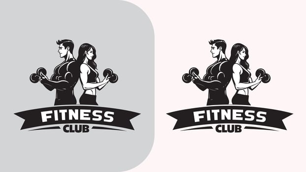 Fitness Club Logo - Muscular Man and Woman with Dumbbells vector