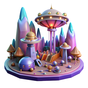 wonderful abstract A bustling spaceport filled with diverse alien species and hovering vehicles, art deco style, bright, colorful lighting, vibrant, 4K png