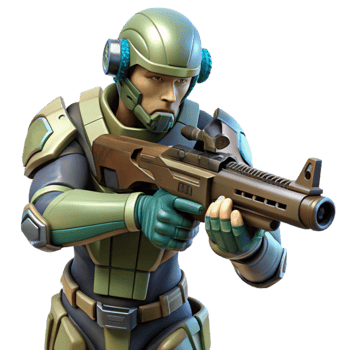 vibrant minimalist A futuristic soldier in camouflage armor, aiming a high tech rifle in a dense, alien jungle. Military sci fi style, realistic rendering genuine png