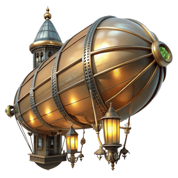 wonderful rustic A majestic steampunk airship, crafted from polished brass and copper, hovering above a bustling Victorian city, illuminated by the warm glow of gaslight streetlamps and the ship's... png