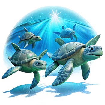 impressive minimalist A group of sea turtles swimming in crystal clear water, bright and sunny lighting, underwater photography style authentic png