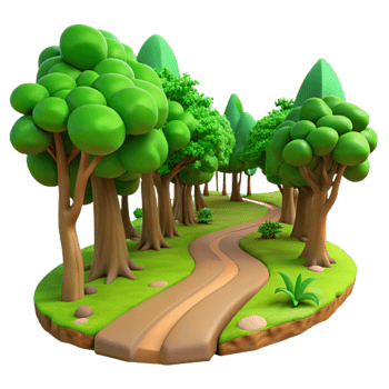 magnificent creative A winding dirt path through a lush, vibrant green forest, dappled with sunlight filtering through the canopy. Impressionist style detailed png