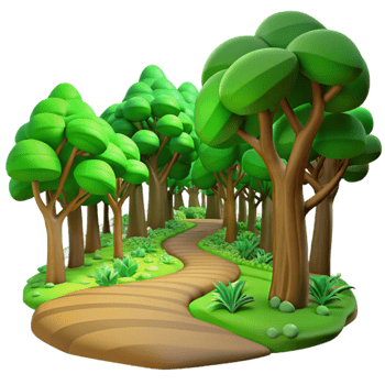 dramatic modern A winding dirt path through a lush, vibrant green forest, dappled with sunlight filtering through the canopy. Impressionist style exclusive png