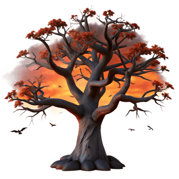wonderful traditional A lone, gnarled oak tree silhouetted against a fiery sunset sky, with ravens perched on its branches. Dark fantasy style exclusive png
