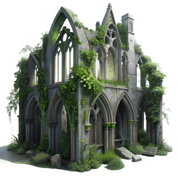 stunning vintage A crumbling gothic cathedral overgrown with vines, volumetric lighting from a hidden moon, ethereal, painterly style, detailed png