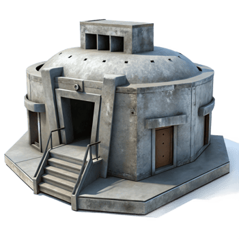impressive creative Brutalistic concrete bunker, harsh shadows, cold grey tones, industrial, dystopian style, high quality png