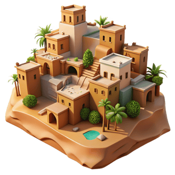 vibrant creative A desert oasis village built into sandstone cliffs, warm midday sunlight, earthy tones, photorealistic, middle eastern style, high quality png
