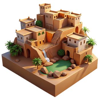 impressive abstract A desert oasis village built into sandstone cliffs, warm midday sunlight, earthy tones, photorealistic, middle eastern style, professional png