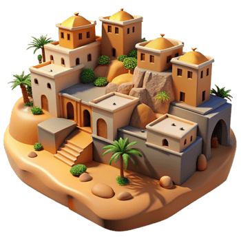 impressive classic A desert oasis village built into sandstone cliffs, warm midday sunlight, earthy tones, photorealistic, middle eastern style, professional png