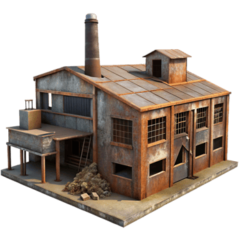 wonderful contemporary An abandoned industrial factory, rusted metal and broken windows, dim ambient light, gritty, photorealistic style, 4K png