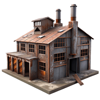 serene artistic An abandoned industrial factory, rusted metal and broken windows, dim ambient light, gritty, photorealistic style, genuine png