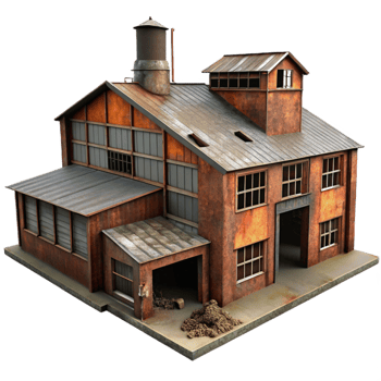stunning contemporary An abandoned industrial factory, rusted metal and broken windows, dim ambient light, gritty, photorealistic style, detailed png