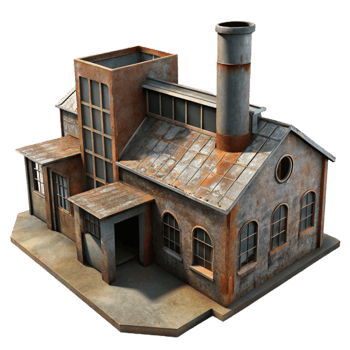 impressive abstract An abandoned industrial factory, rusted metal and broken windows, dim ambient light, gritty, photorealistic style, high resolution png