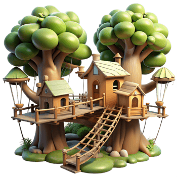wonderful creative A whimsical treehouse village connected by rope bridges, dappled sunlight filtering through leaves, fairytale, whimsical style, detailed png